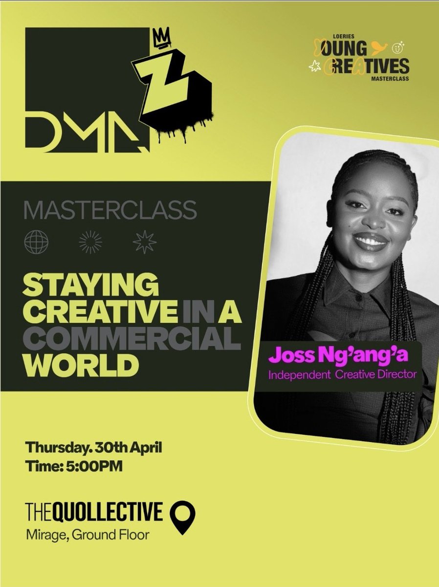 DMAs_Fest's tweet photo. Join Joss Nganga (2022 Next Creative Leader, The One Club for Creativity) for a DMA Masterclass on balancing client work &amp; your creative voice Featuring:  

• Kanaiza — Founder &amp; Creative Director,
@MatatuMigration + @KanaizaKanaiza
• Robert Obanga— Senior Art Director, The Bar https://t.co/oNdu44t0WP