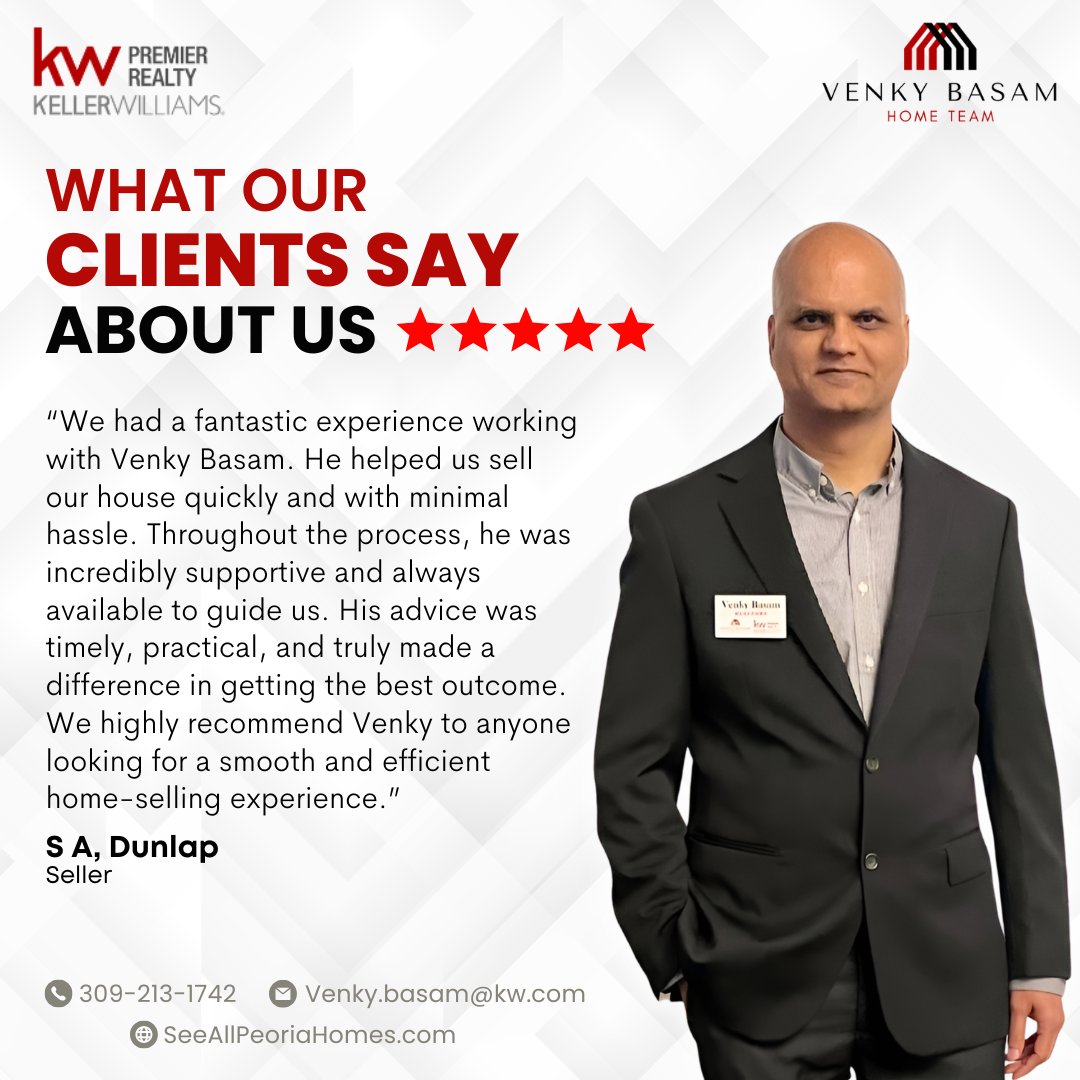 VenkyBasam's tweet image. It's #FeedbackFriday! See what our clients say about us.

Helping clients feel confident and supported is always our goal—thank you for the feedback.

Venky Basam,
Venky Basam Home Team,
Keller Williams Premier Realty
309-213-1742
Venky.basam@kw.com