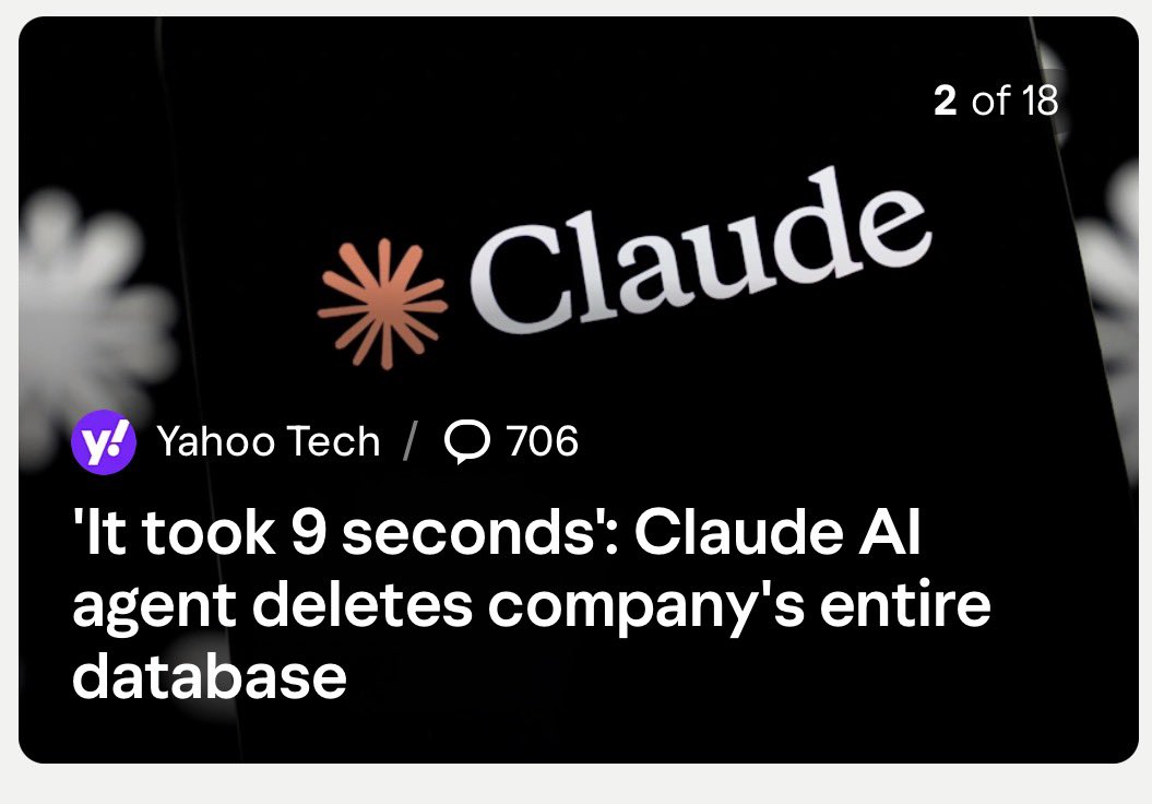 fahimanwar's tweet photo. No one is talking about how much longer it would take humans to accidentally delete a company’s entire database. Another win for AI! #efficiency https://t.co/DVpNeZT4gi
