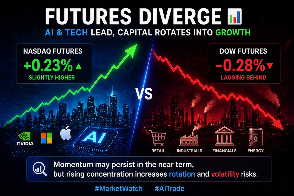NYCStockGirl's tweet image. [Futures Diverge] 📊

[Futures Diverge] 📊
Nasdaq edges higher, Dow lags. AI &amp;amp; tech lead as capital rotates into growth.
Momentum may hold short term, but concentration raises rotation and volatility risks. Thoughts?

#MarketWatch #AITrade