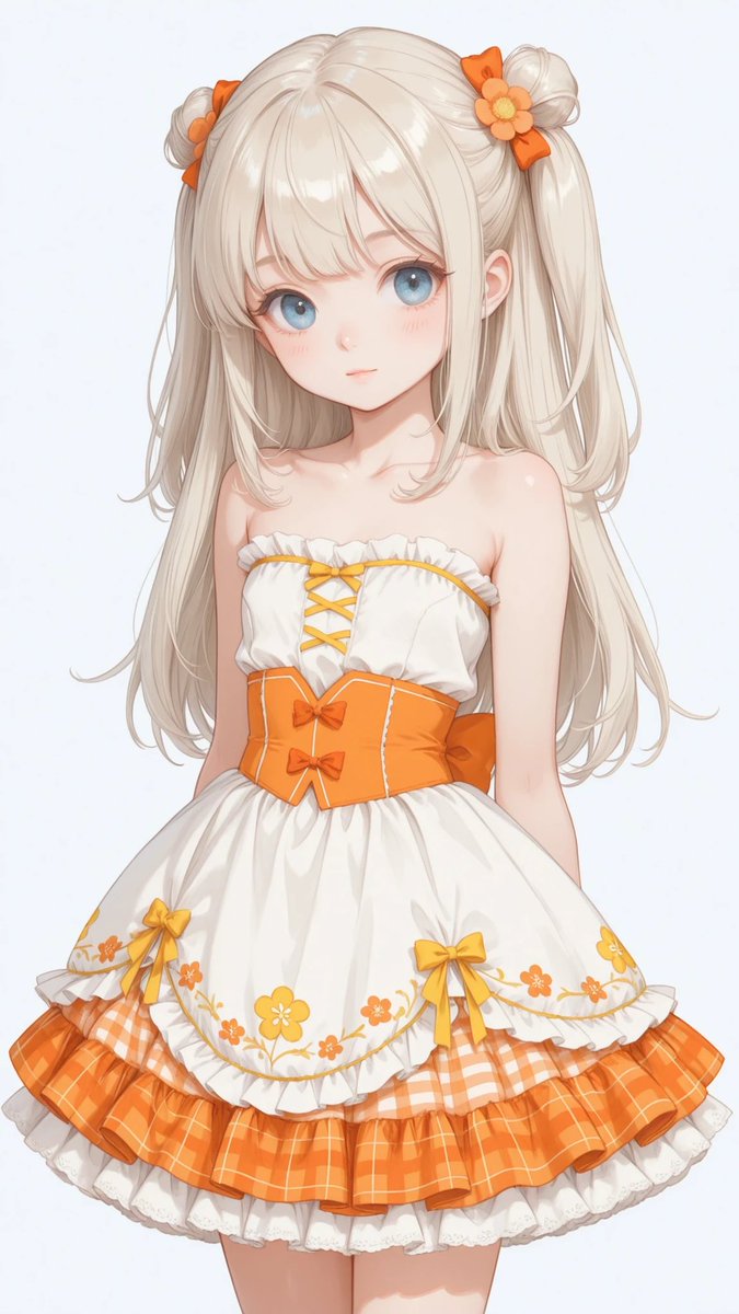 AliceLavli's tweet image. ٩(ˊᗜˋ*)وおはよぉ
衣装プロンプトどうぞ✨
outfit, idol style summer dress, strapless tube top in bright orange, upper edge finished with soft yellow band trim, thin center string detail tied at neckline, chest printed with stylized white lettering logo, small decorative flower