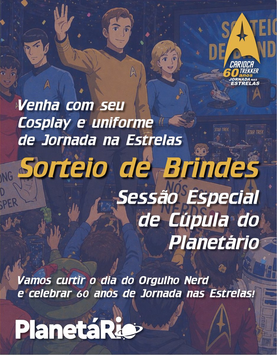 CariocaTrekker's tweet photo. Venha comemorar conosco do Dia do Orgulho Nerd em uma tarde sobre a temática Star Trek: "O Orgulho de Um Legado".
Dentro das comemorações do 60 anos de Star Trek.
Domingo dia 24/05 às 14:30hs no Planetário do Rio. https://t.co/lrlNyI7dX3