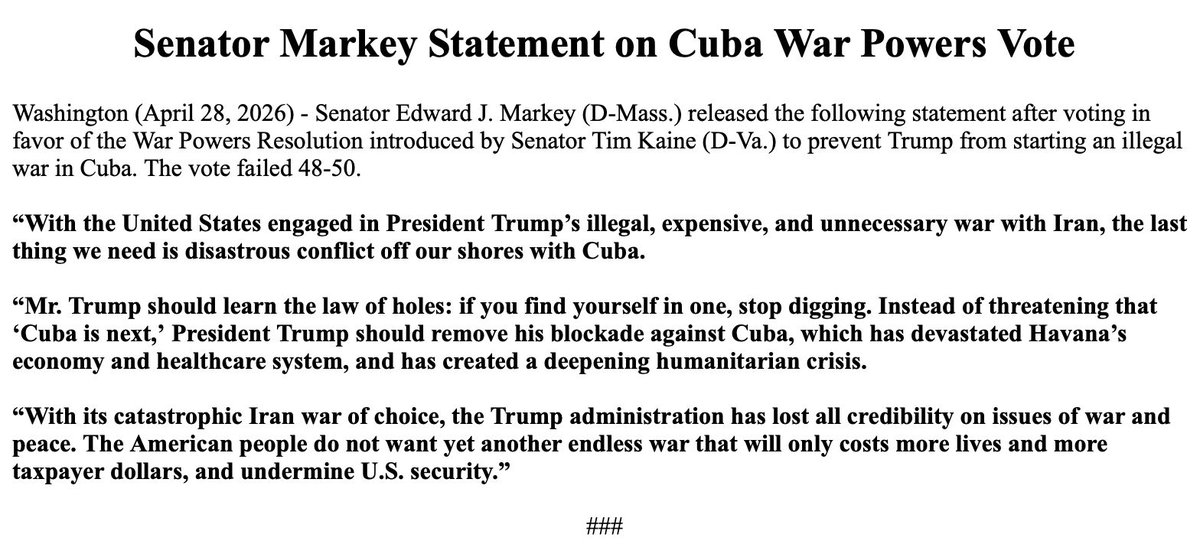 SenMarkey's tweet photo. My Statement on the Cuba War Powers Vote. https://t.co/oMbVncsg3N