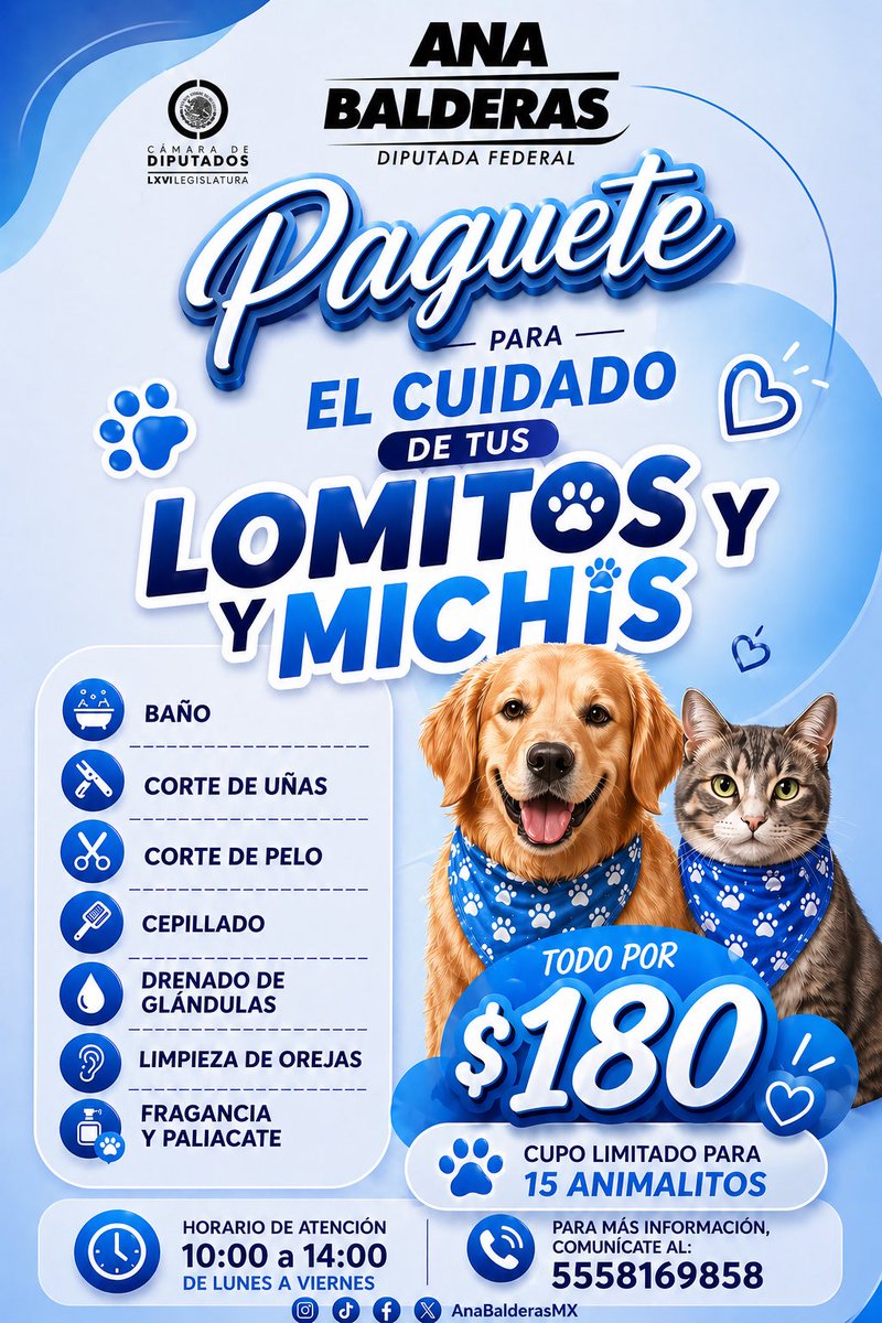 AnaBalderasMx's tweet photo. Hoy traemos para las y los atizapenses este programa pensado para el cuidado de sus lomitos y michis, con servicios de calidad a bajo costo. 

Para más información, comunícate al 55 5816 9858.

Seguimos trabajando cerca de ti, construyendo bienestar. #SoyAtizapán https://t.co/qcYm3NNLkJ