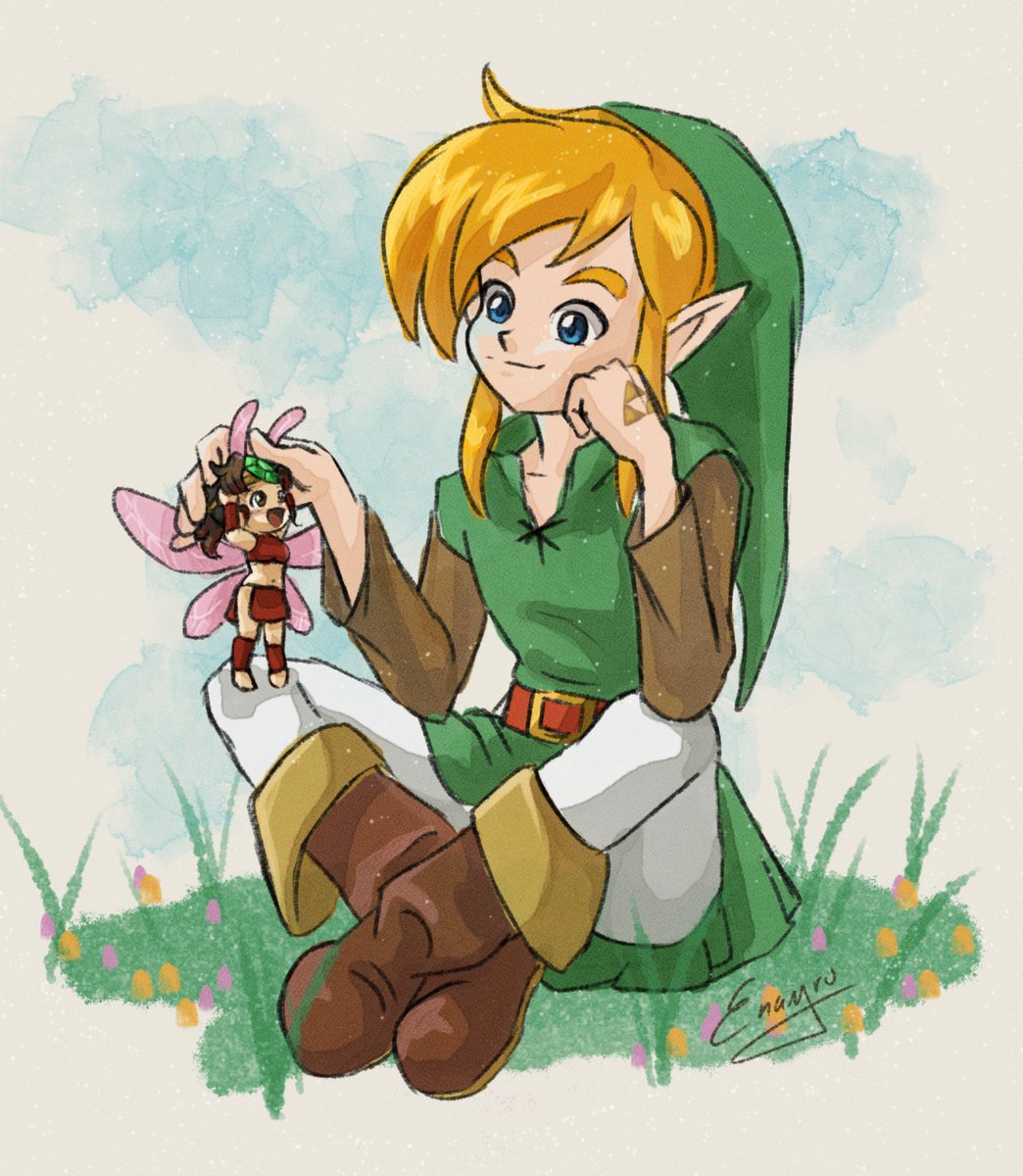 Enayru's tweet image. I'm about to finish Oracle of Seasons and I haven't done my official self-insert drawing yet. Better late than never. ❣️

My OC this time is a little fairy 🧚‍♀️

#selfinsert
#selfship
#yumeship
#oracleofseasons
#ocxcanon
#makoverse
#thelegendofzelda
#link