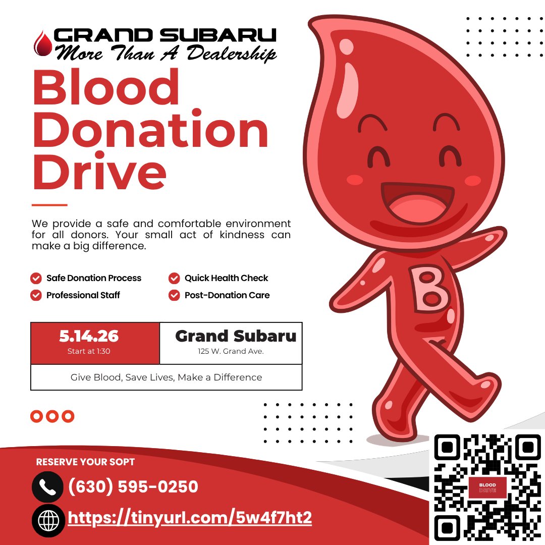 GrandSubaru's tweet image. Grand Subaru is hosting a community blood drive May 14th from 1:30-6:00PM. A single donation makes a meaningful difference for local patients. Reserve your spot online or scan the QR code to register. Help us support our community! #grandsubaru #morethanadealership #blooddrive
