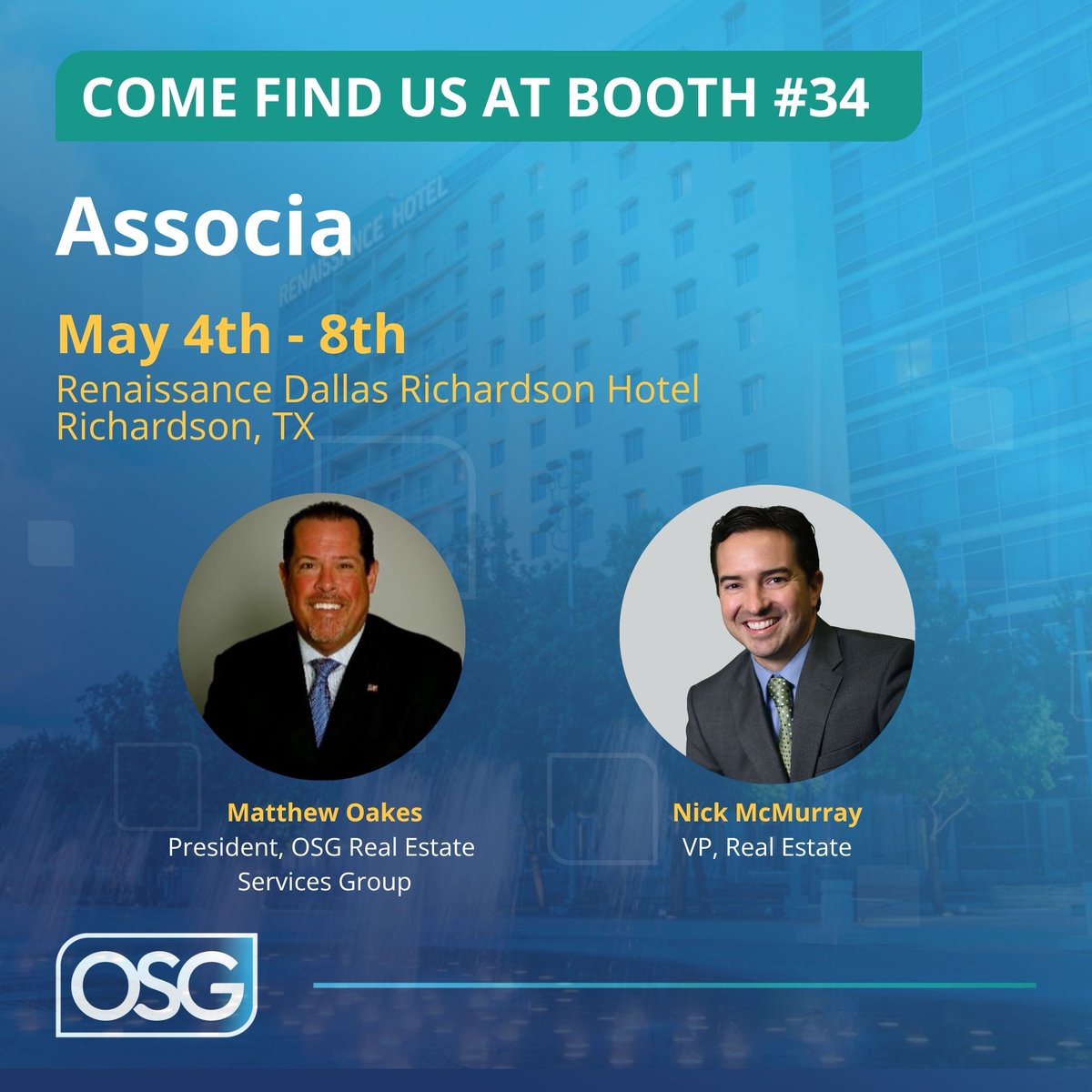 ConnectwithOSG's tweet photo. OSG Real Estate Services Group will be at Associa!
📅 May 4–8
📍 Renaissance Dallas Richardson Hotel, TX
🎪 Booth #34
Let's talk resident communications &amp; operational efficiency. Stop by!
#Associa2025 #OSGRealEstate #HOA #PropertyManagement #RealEstate #CCM #CXM https://t.co/aGVrXoKGK2