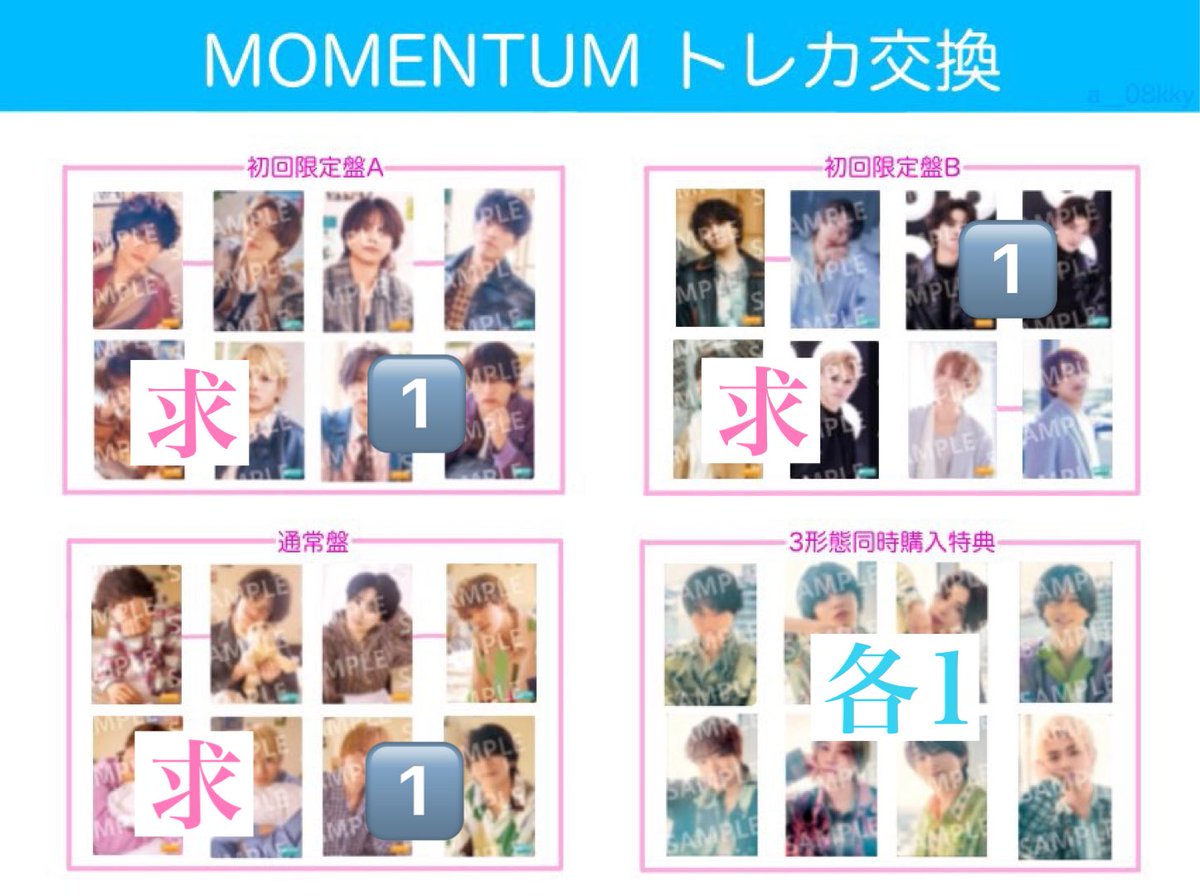 ofuton____syuki's tweet photo. timelesz MOMENTUM トレカ 交換

【譲】
初回A 橋本/猪俣
初回B 勝利/原
通常  橋本/猪俣
・ステッカーシートA.B
・ステッカーシートB LA組・韓国組
・クリアカード
・3形態同時予約トレカ
各1

【求】同種 寺西

郵送希望📮
お気軽にお声がけ下さい。

#timelesz交換 https://t.co/fNEYZUwa2X