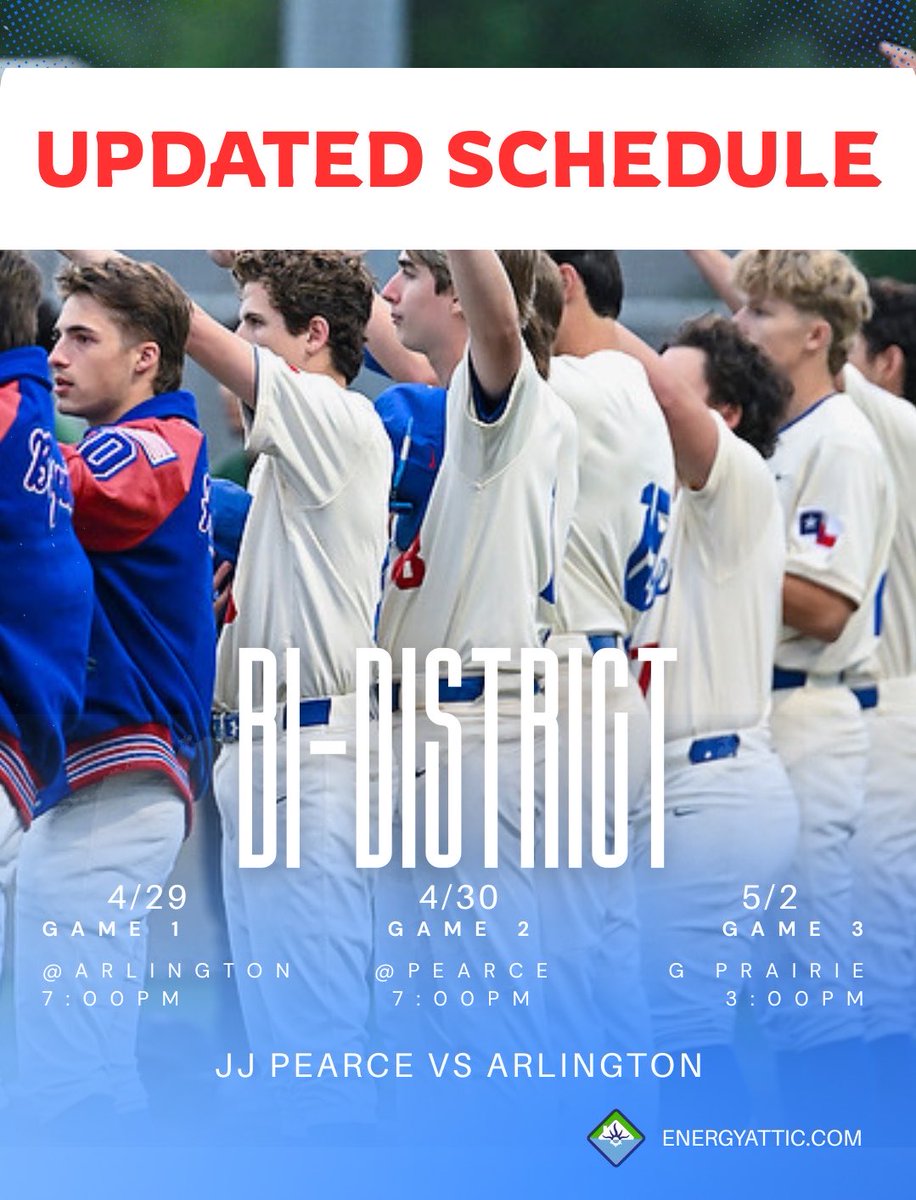 jjphsbaseball's tweet photo. ***Schedule Change:
 
Game 1
Wednesday, 4/29
Pearce @ Arlington 7:00pm
 
Game 2
Thursday, 4/30
Arlington @ Pearce 7:00pm
 
Game 3 if necessary
Saturday, 5/2
@ Grand Prairie 3:00pm

#Mustangball | #TheStable https://t.co/pSUkOOpSVD