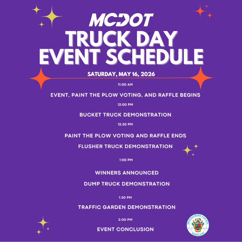 MCDOTNow's tweet image. 🗓️🚛ICYMI🚛🗓️
MCDOT's Truck Day event will be held on Saturday, May 16, 2026, from 11:00am to 2:00pm in #RockvilleMD. There will be lots of demonstrations and fun hands on activities for the whole family! 📍17000 Crabbs Branch Way in Rockville  #weekend #montgomerycountymd