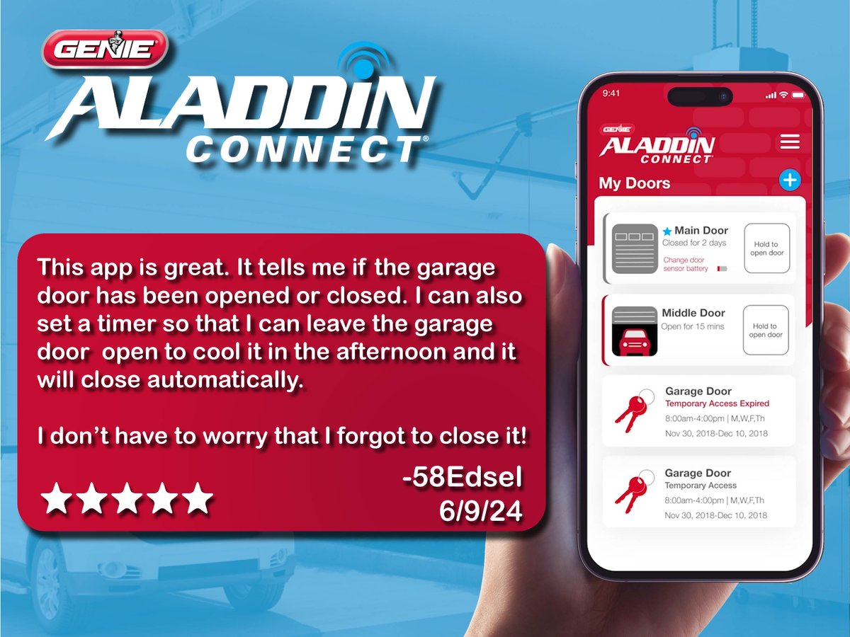 TheGenieCompany's tweet image. Keep your garage cool this summer, never forget to leave it open again.
Set a timer on your garage door with the Aladdin Connect app!
#CustomerReview #SmartHome #HomeAutomation