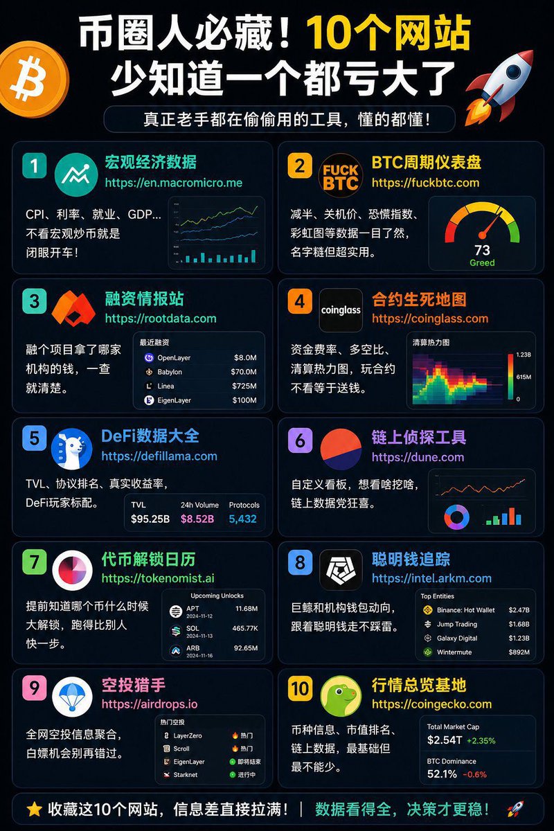 币圈人必藏!10个网站少知道一个都亏大了真正老手都在偷偷用的工具，懂的都懂：1，宏观数据神器：en.macromicro.me
CPI，利率，就业......不看宏观炒币就是闭眼开车
2,BTC周期仪表盘：fuckbtc.com
减半，关机价，恐慌指数，一目了然，名字糙但超实用