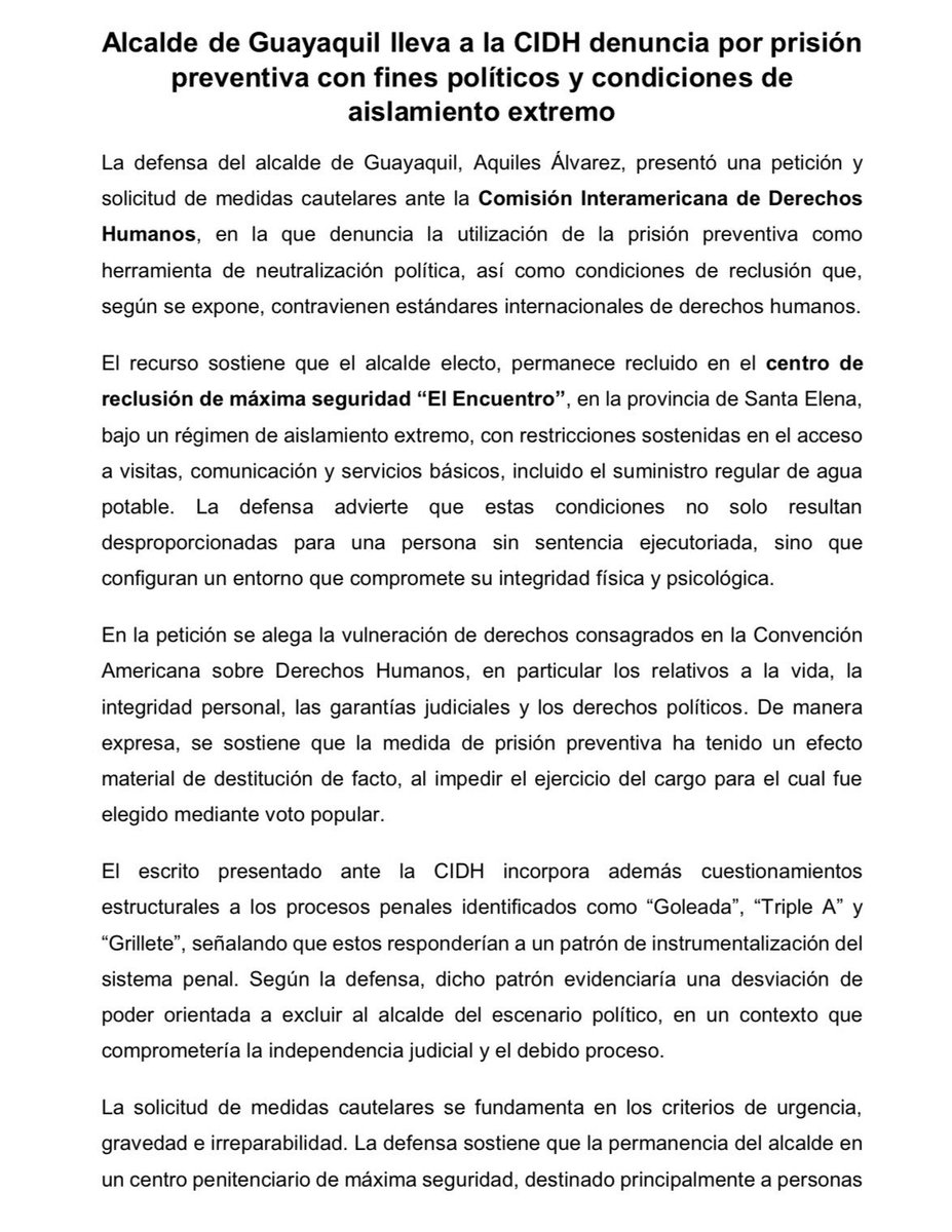 aquilismo's tweet photo. El Alcalde de Guayaquil, Aquiles Alvarez, presenta ante la CIDH denuncia por prisión preventiva con fines políticos y condiciones de aislamiento extremo. https://t.co/hrC2rAX7WQ