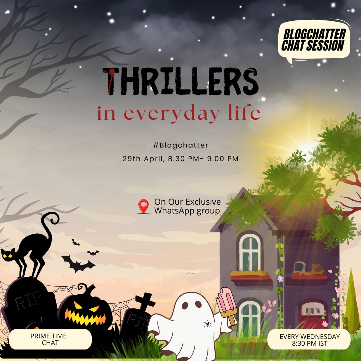 blogchatter's tweet photo. Thrillers need not be dramatic culmination of events, rather the way we anticipate life! We are chatting about 'Thrillers in Everyday Life' for our #Blogchatter chat tonight, which will be in our exclusive WhatsApp group. Join in at 8.30 PM. https://t.co/A22kBkkNXh