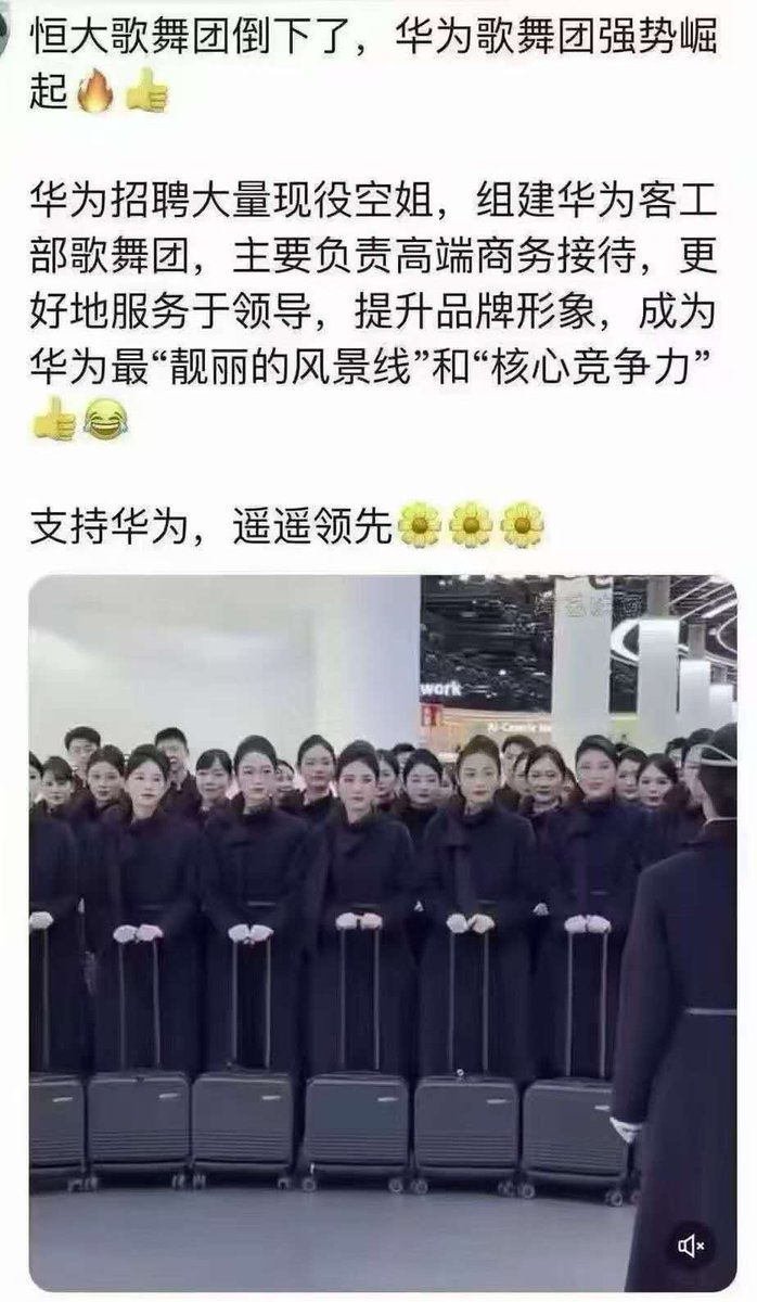fang_danie121's tweet image. 哪里有需要哪里就有市场，恒大歌舞团的覆灭不代表领导高层对色情的需要就此也不存在。
华为响应党的号召满足中共党员干部的性需求，接过了恒大歌舞团的艰巨任务，成立了华为歌舞团。 一批批因为业务量急剧下滑而被裁员的中共国各个航空公司的空姐被招入了这个歌舞团。
