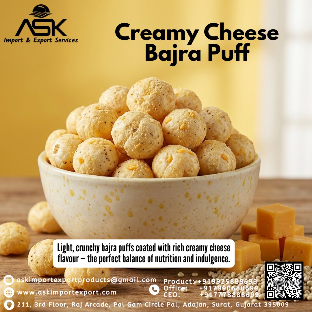 askimpoexpo's tweet image. Nutrition Meets Indulgence!🧀✨

Savor our light, crunchy Bajra Puffs coated in rich creamy cheese flavour—the perfect balance for your daily cravings! Healthy &amp;amp; delicious snacking by ASK Import &amp;amp; Export Services.

#HealthySnacks #ASKServices #MilletSnacks #NutritiousCrunch