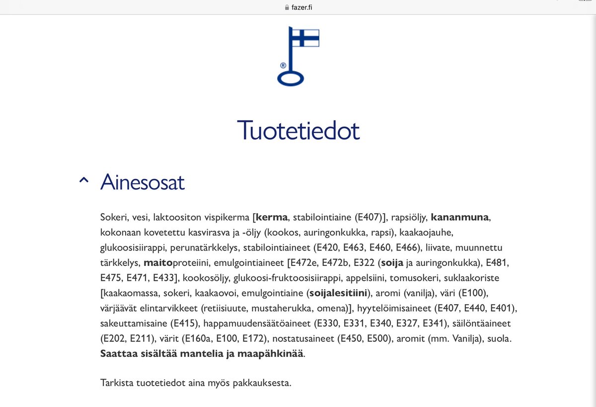 Fazerin tuotteet sisältävät valtavasti syöpää aiheuttavia aineita. Ei ole ihme että pitää mennä vessaan piiloon.
Kuvassa Fazerina pakastekakun aineosat.
