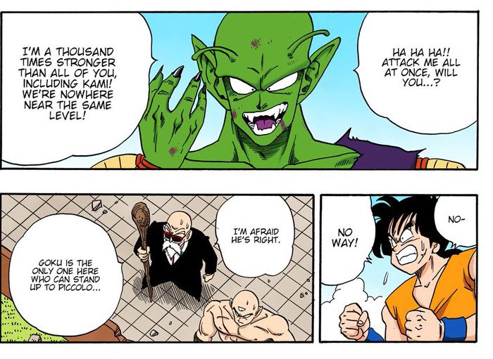 SaladSaiyan's tweet image. -Piccolo says he’s a 1000x stronger than Kami (potentially 1000x stronger than EVERYONE combined)
-Kami was 1000x stronger than Popo
-Popo &amp;gt; DKP Goku
-Goku beats Piccolo

-23WT Goku is over 1,000,000x stronger than DKP Goku #hmmm #agenda