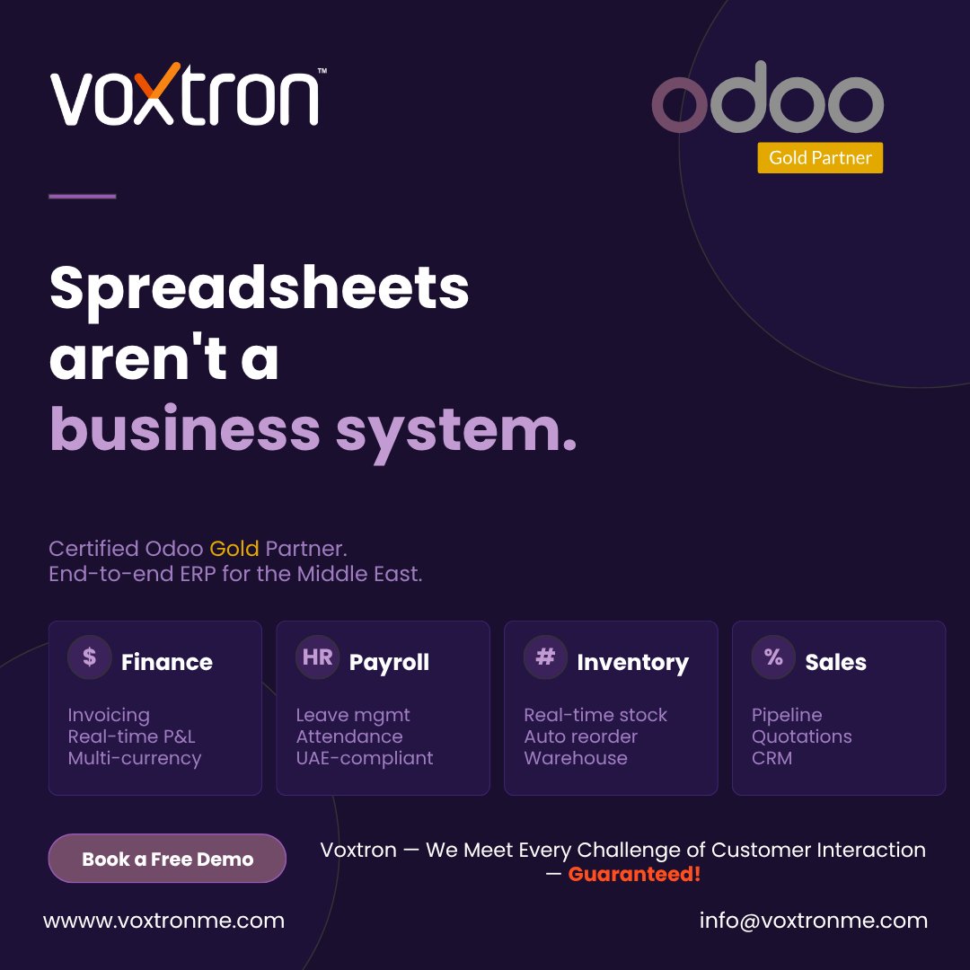 Voxtronsolution's tweet photo. Excel isn’t ERP. It’s risk.

Voxtron, a Certified Odoo Gold Partner, delivers ERP for Finance, HR, Inventory &amp; CRM.

Start small. Scale fast.
 https://t.co/UNl52rFx1T
#OdooERP #ERP #Voxtron https://t.co/D9988YAWZ7