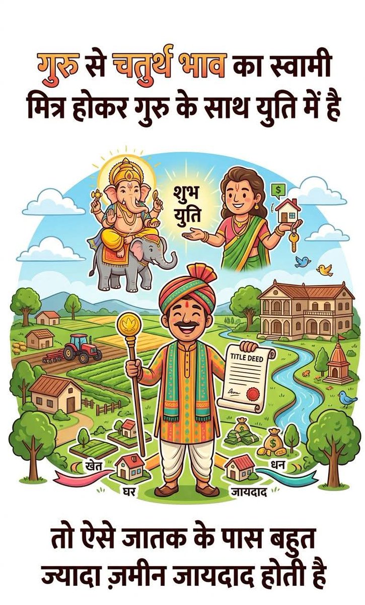 Astrologer98356's tweet image. अगर गुरु से चतुर्थ भाव का स्वामी मित्र होकर गुरु के साथ युति मे है तो ऐसे जातक के पास बहुत ज्यादा ज़मीन जायदाद होती है #post   #viralchallenge #astrology