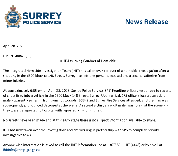 itssamonline's tweet image. 🚨BREAKING: SURREY HOMICIDE: ONE DEAD, ONE INJURED IN TARGETED SHOOTING.
@surreyps official statement @HomicideTeam investigating
#Breaking #Cdnpoli #Surrey