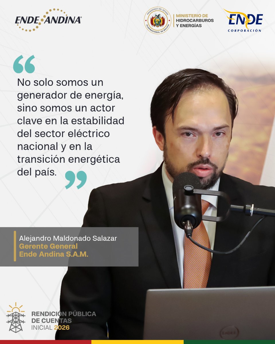 EndeAndina's tweet photo. #LaFrase | En la Rendición Pública de Cuentas Inicial 2026, el Gerente General de ENDE Andina destacó el aporte de la empresa al fortalecimiento del sistema eléctrico nacional y su proyección estratégica.
#SiempreBolivia #ENDE https://t.co/716BbT8UPY