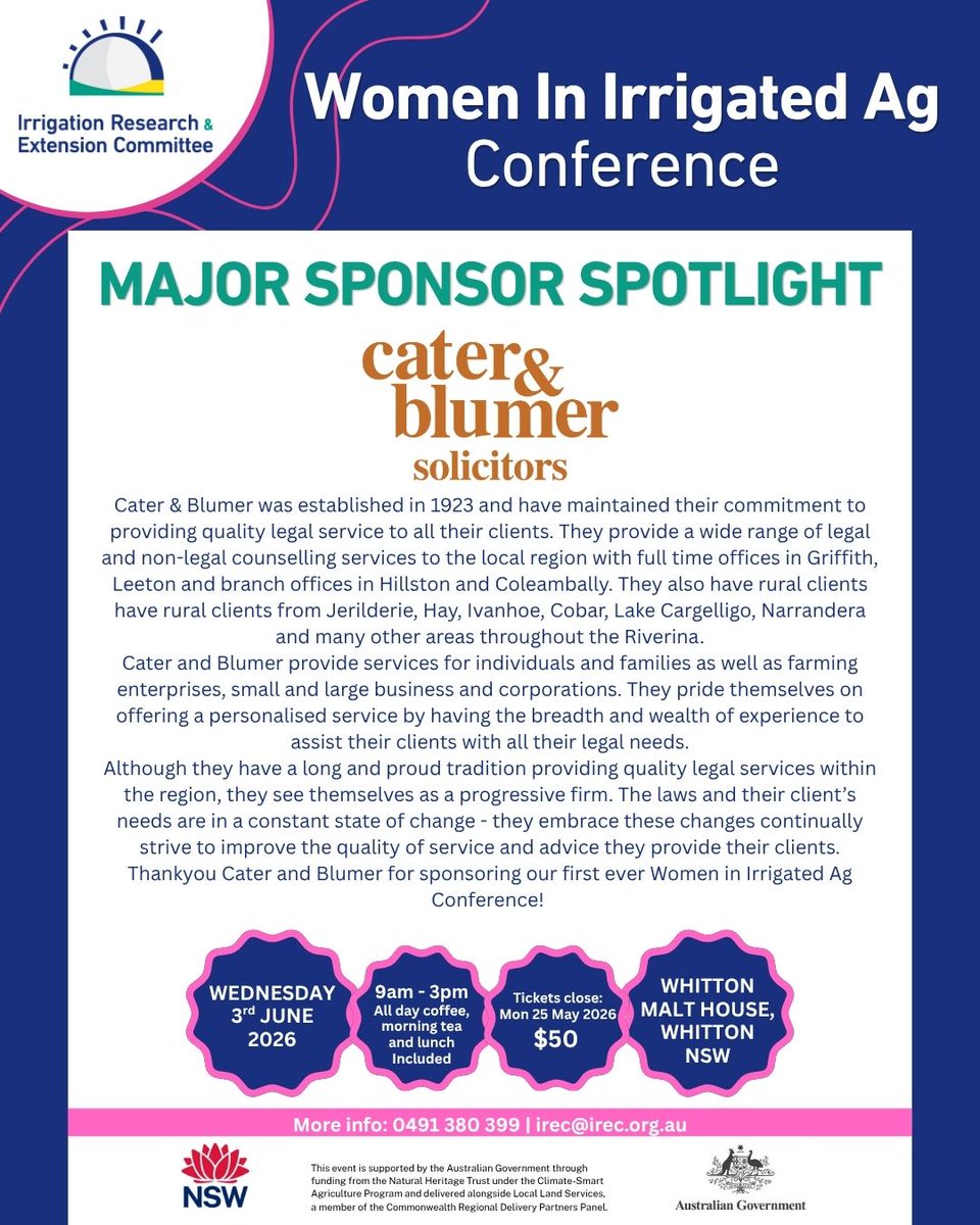 IRECNSW's tweet photo. Major Sponsor Spotlight – Cater and Blumer! Cater and Blumer are a sponsor of our Women in Irrigated Ag Conference. Thankyou Cater and Blumer!
🎟️Tickets: https://t.co/FWtUeY5CUB
#IREC #WIIAConference #Womeninirrigatedag #NaturalHeritageTrust @DAFFgov @llsnsw @LLSRiverina https://t.co/igqulyYmmp