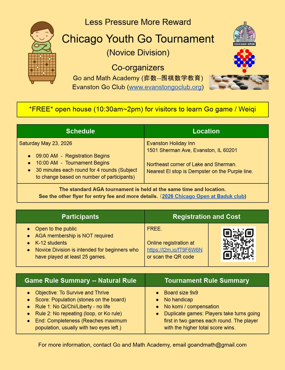 goandmath's tweet photo. Chicago Open Tournament and Chicago Youth Go Tournament (Novice). Join us on May 23rd! Registration is still open. We are also hosting an Open House for anyone interested in learning how to play Go. https://t.co/OsJFLi2gqJ