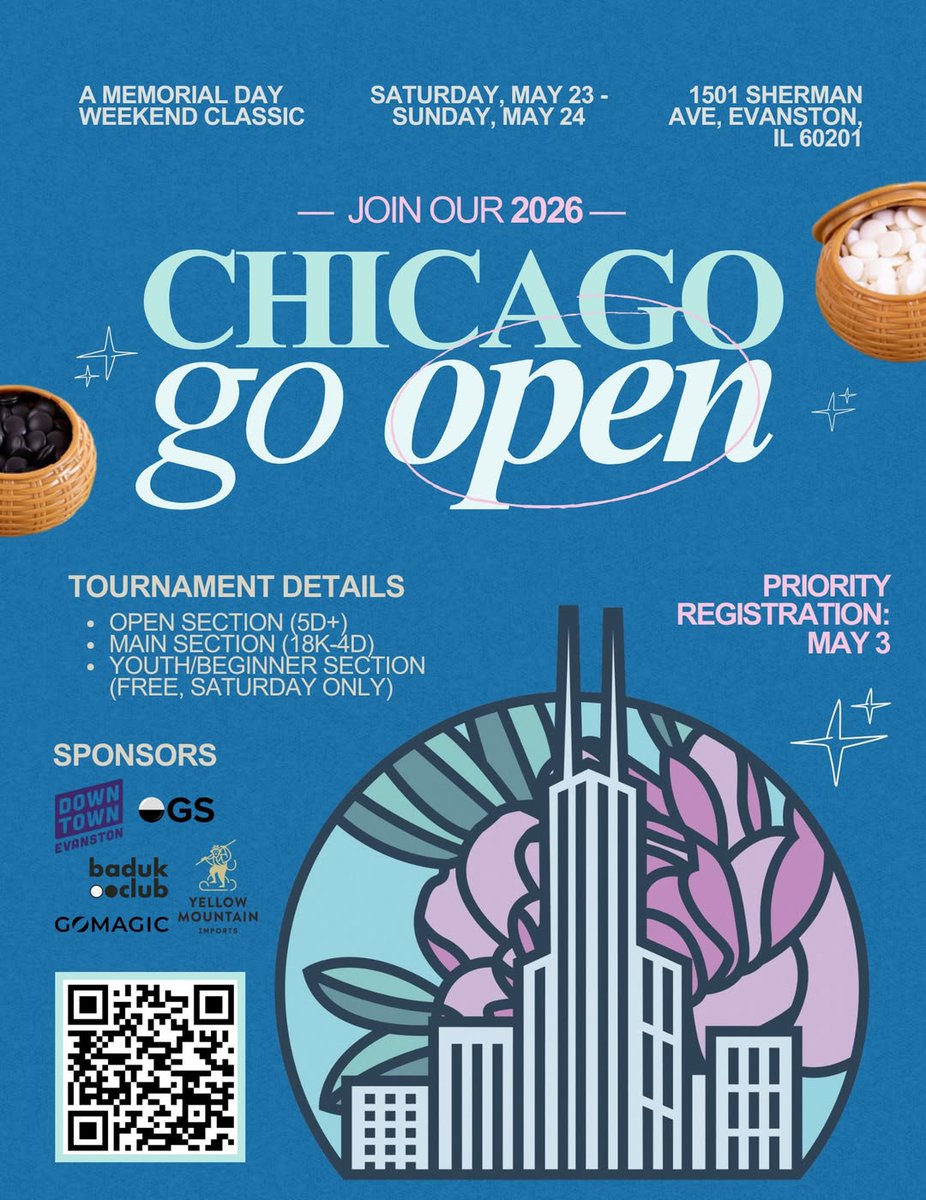 goandmath's tweet photo. Chicago Open Tournament and Chicago Youth Go Tournament (Novice). Join us on May 23rd! Registration is still open. We are also hosting an Open House for anyone interested in learning how to play Go. https://t.co/OsJFLi2gqJ