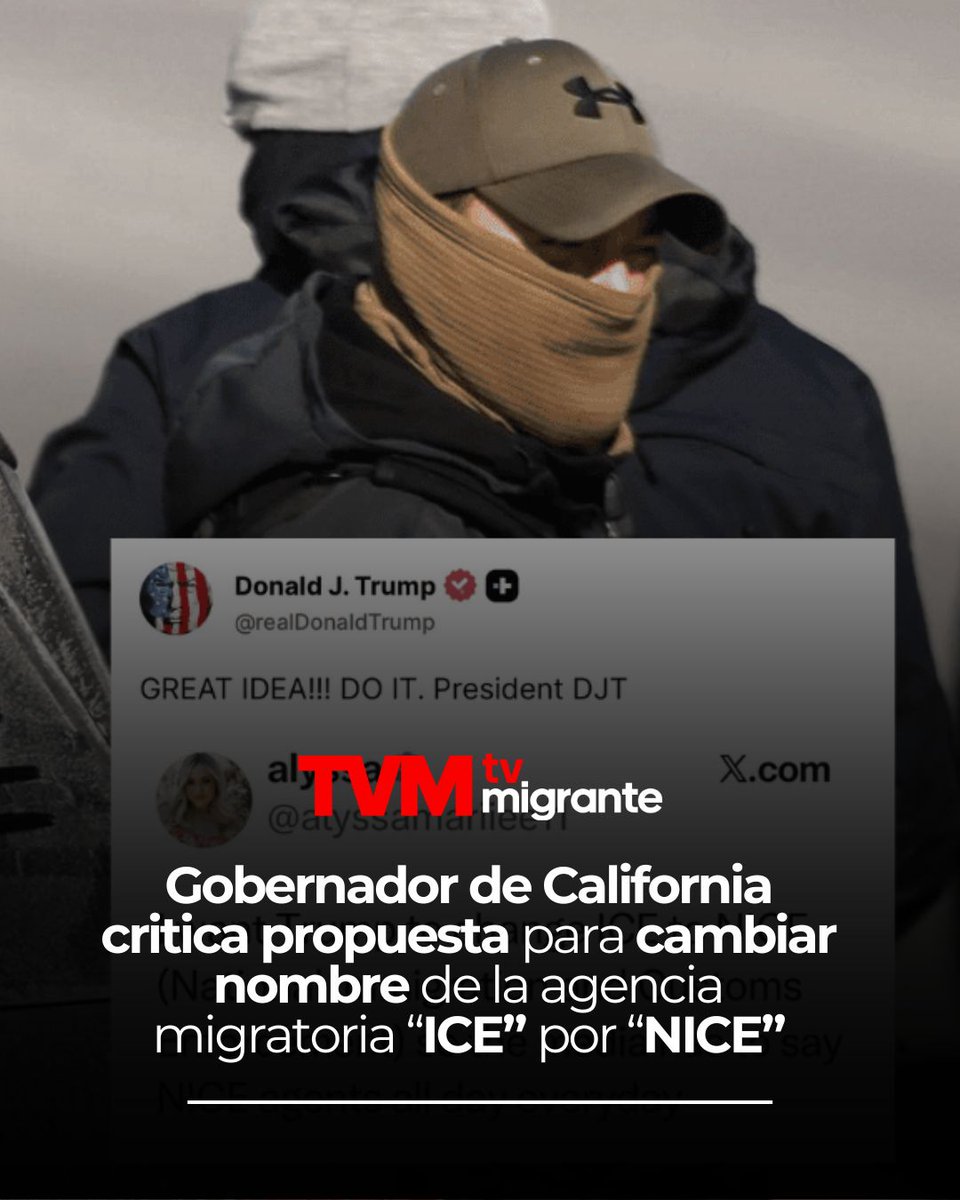 TvMigrante's tweet image. #TvMigranteInforma

🇺🇸 "Las personas #NICE no matan estadounidenses" aseguró el gobernador de #California @CAgovernor luego de que el presidente #DonaldTrump apoyara la idea de cambiar el nombre de la agencia migratoria #ICE por #NICE, propuesta de la influencer #AlyssaMarie. 👇🏾