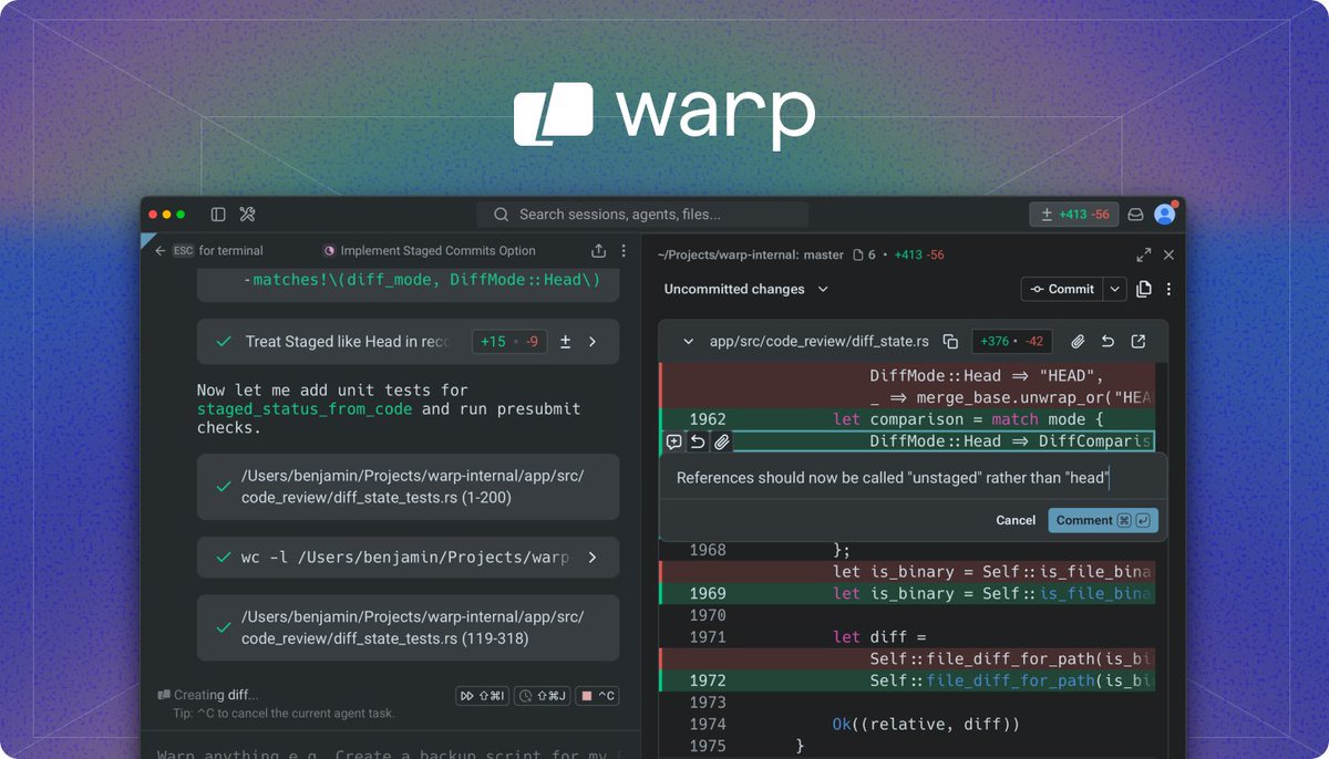 昨晚知名 AI 终端 Warp 宣布开源，一夜之间狂揽了 34000+ GitHub Star。

随着这两年 Agent 的发展，Warp 也从一个终端工具，逐步演变为 Agent 化开发环境（ADE）。

内置编码 Agent 开箱即用，支持接入 Claude Code、Codex、Gemini CLI 等外部 CLI Agent。

GitHub：github.com/warpdotdev/warp