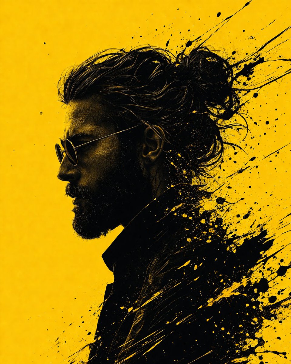 iamsofiaijaz's tweet photo. Gpt 2 image on chatgpt. 

Prompt:

Side profile portrait of a young man with messy hair and round glasses, minimalist black silhouette style, facing left, dramatic lighting, bright yellow background, dynamic black ink splashes and paint streaks exploding from the head and shoulders, abstract motion effect, modern digital illustration, high contrast black and yellow color palette, cinematic composition, sharp details, graphic novel style, paint splatter art, ultra clean background, 4k.