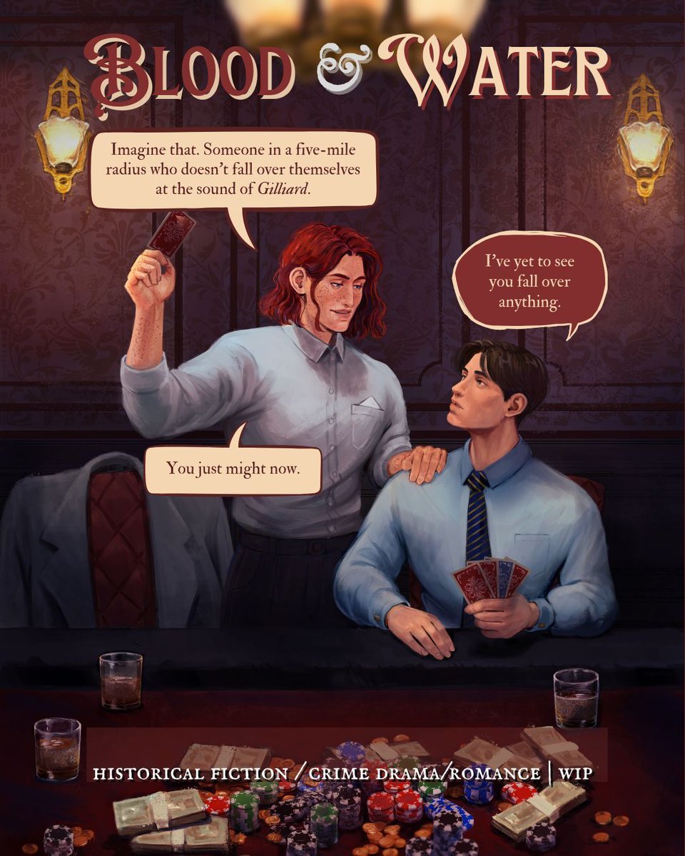 austinsrhea's tweet image. Evan &amp;amp; Jensen from BLOOD &amp;amp; WATER, my WIP about a bootlegger and a crime boss balancing power, passion, &amp;amp; profit in Prohibition-era St. Paul 

(art by dracoryss)
🥃 🥃 🥃 
#questpit #W #A