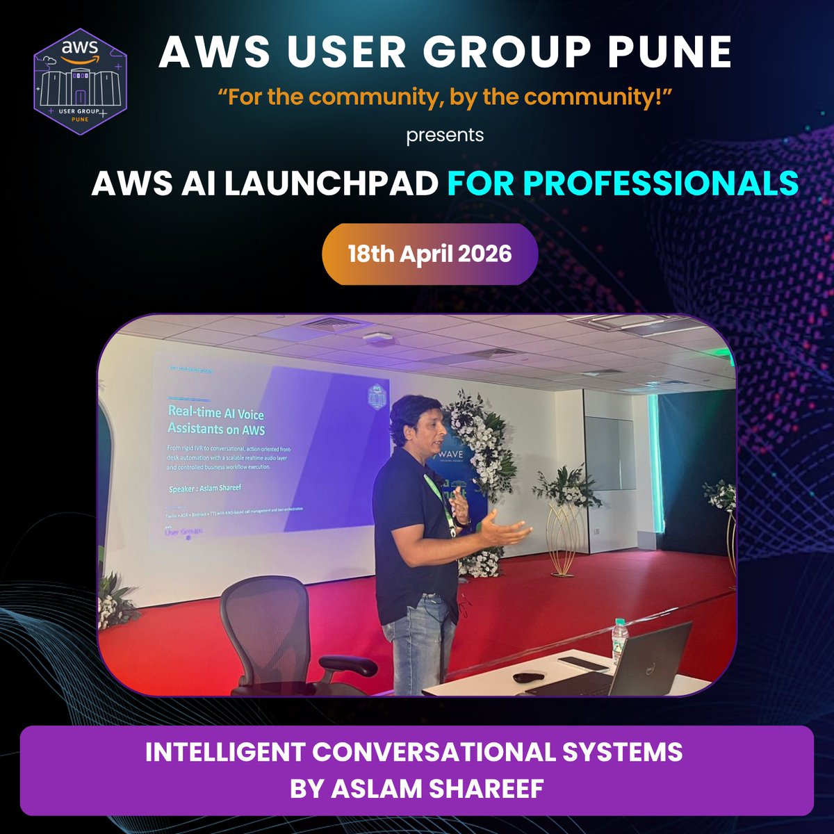 AwsPune's tweet photo. Aslam Shareef took the stage and delivered an electrifying session on designing intelligent conversational systems — and the energy in the room was unreal!

He dove deep into context-driven interactions and scalable AI solutions.

#awscommunity #pune https://t.co/RSd2z6WeMH
