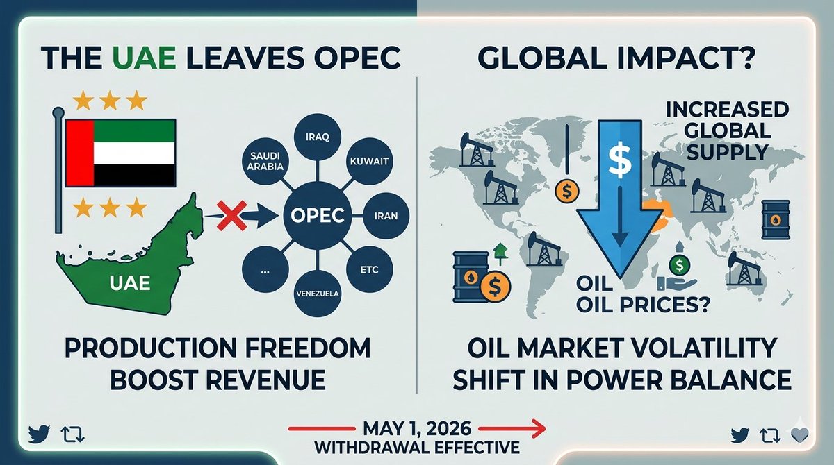 dipankarhimalya's tweet photo. Major shakeup in the energy world! 🛢️
​The UAE has announced its withdrawal from OPEC and OPEC+, effective May 1, 2026. This move signals a shift toward production autonomy and could significantly impact global oil supply and pricing dynamics. 🇦🇪📉
​#UAE #OPEC #OilAndGas #Global https://t.co/Ty9fDA07Ti