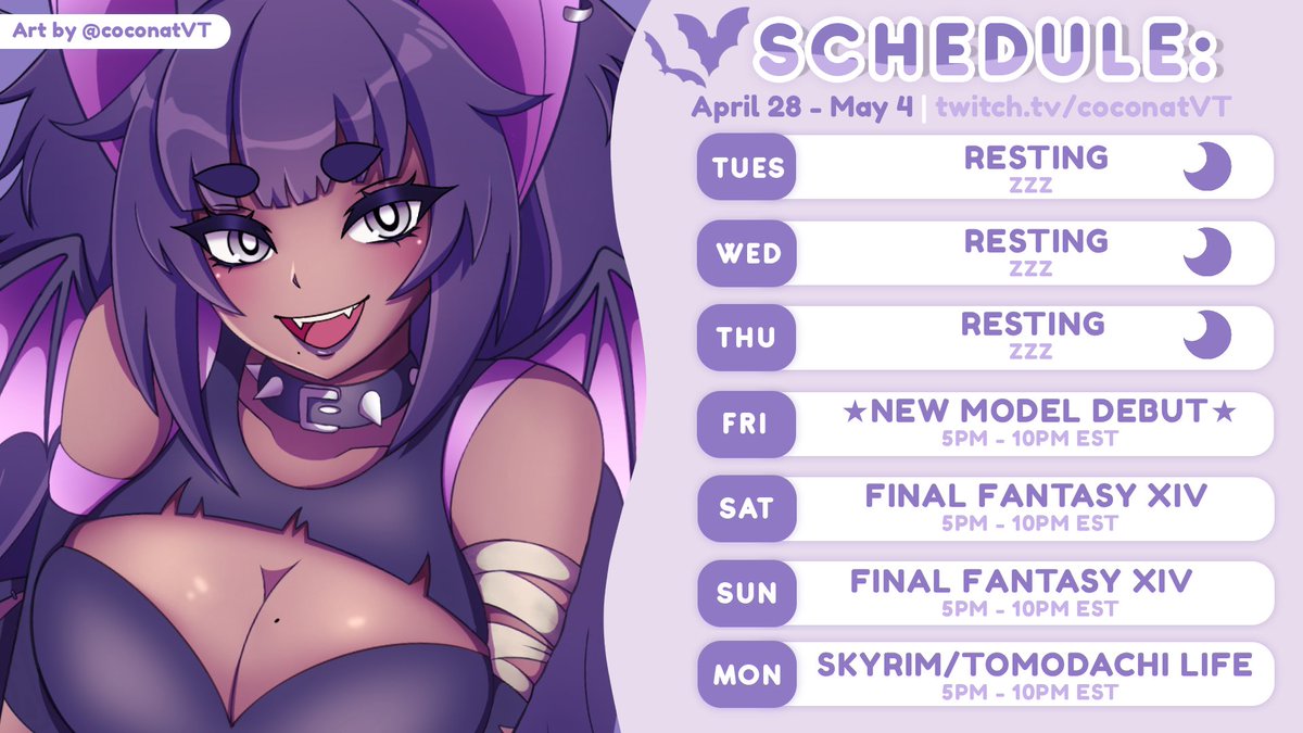 coconatVT's tweet photo. This week's Stream Schedule for April 28TH - May 4th !
See you there!
#batvtuber #streamer https://t.co/vVwULaNJJH