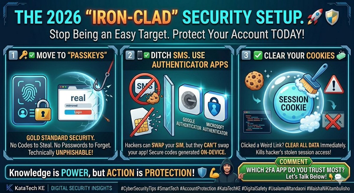 xhizo034's tweet image. 🚨 Want stronger security in 2026?

✅ Use Passkeys (no passwords to steal)
✅ Avoid SMS 2FA (SIM swap risk)
✅ Clear cookies after suspicious links

Small actions = big protection.

#CyberSecurity #DigitalSafety #2FA