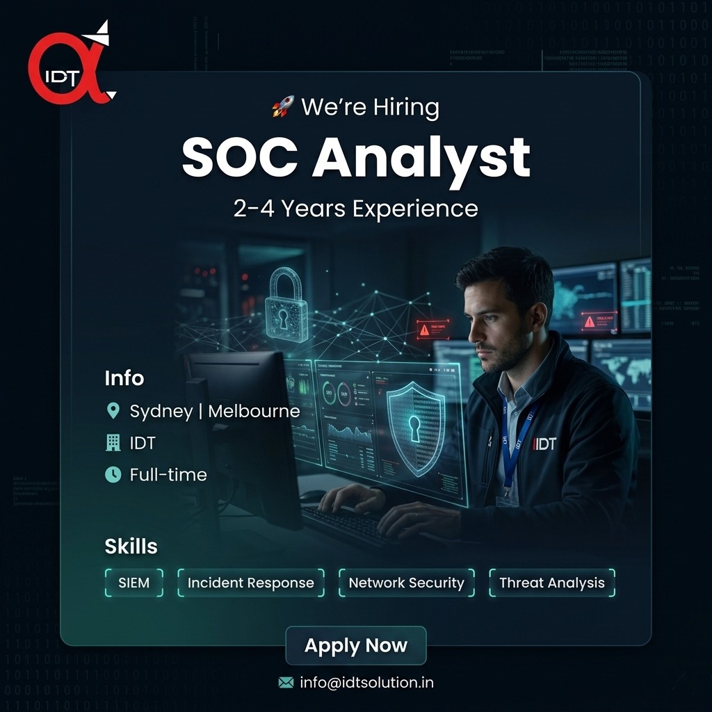 DhasIdt97753's tweet photo. 🚀 We’re Hiring: SOC Analyst

🏢 Company: IDT Solutions

📍 Location: Sydney | Melbourne (Onsite)

💻 Skills Required:
SIEM Tools (Splunk, QRadar), Incident Response, Network Security, Threat Analysis

👨‍💼 Experience: 2–4 Years

📩 Apply Now: info@idtsolution.in
#SOCAnalyst https://t.co/n8Lz93gVSW