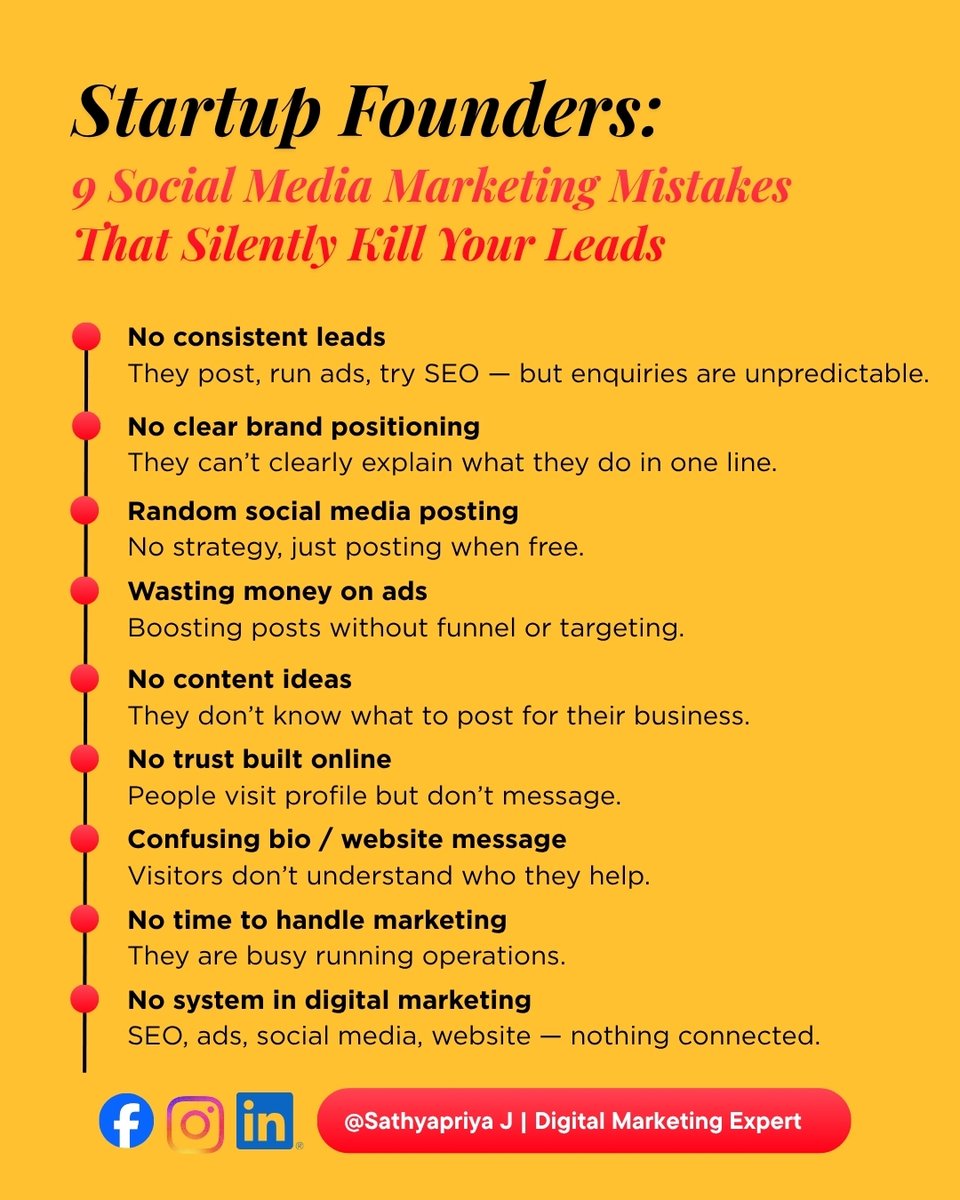 sathyapriyajd's tweet photo. The issue is not consistency.

It’s the small mistakes that reduce trust, clarity, and lead flow.

If you’re growing a startup and depending on social media for leads, this will help you rethink your strategy.

#StartupMarketing #SocialMediaMarketing #LeadGeneration https://t.co/iGA8vLk6Oy