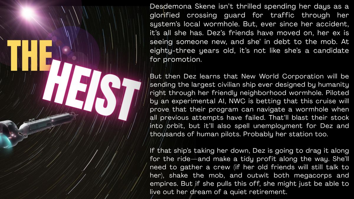 GusRyer's tweet image. QUANTUM MAGACIAN 🤝 LOGAN LUCKY

When an AI-piloted space hauler threatens her space station, aging &amp;amp; indebted traffic controller Dez decides to rob the hell out of it

She's got a plan &amp;amp; motley crew but, when things aboard aren’t as expected, all bets are off
#QuestPit #W #SF #A