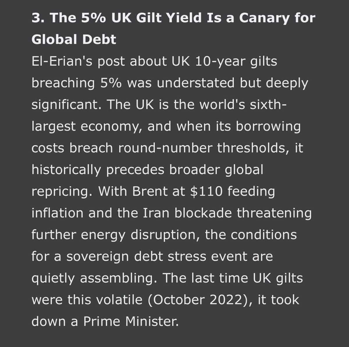 elerianm's tweet image. FWIW, this AI-generated review of the X universe over the last 24 hours takes my "understated" post on UK yields to a much more alarming level as it draws on other information in its database.
#economy #markets #uk