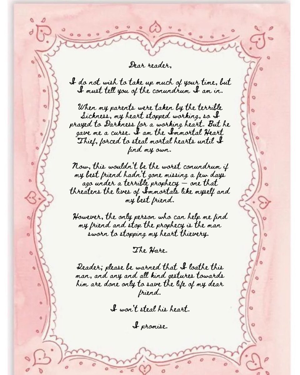 sophiabwrites's tweet image. You’ve received a letter from Rosalie Gray! Please do open it at your earliest convenience — she hopes her words take your breath away…or steal your heart.

THE HEART THIEF AND THE HARE is an enemies-to-lovers YA fantasy full of magic and whimsy.

#questpit #W #YA #F