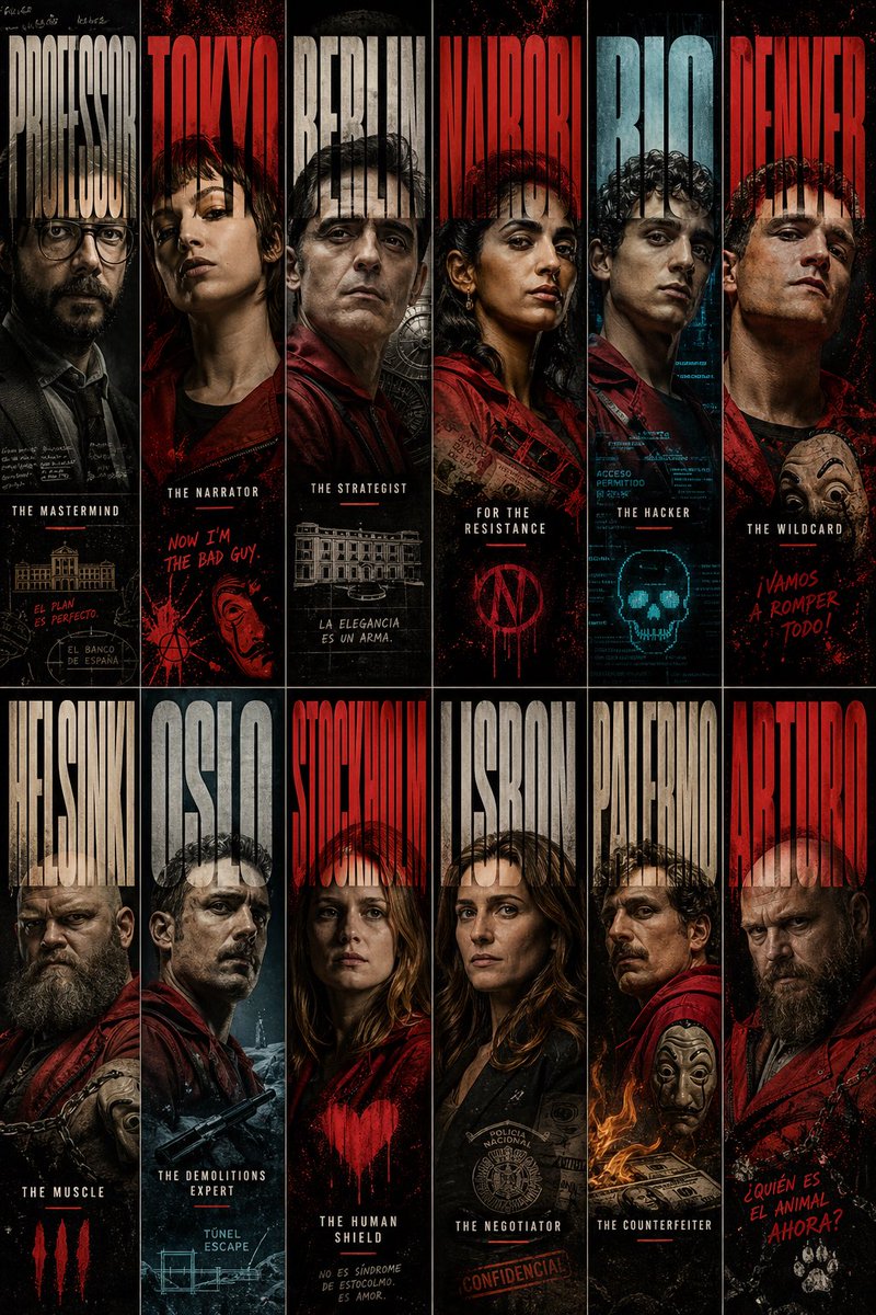 Money Heist Ensemble: Typographic Portrait Grid - PromptGather image 1