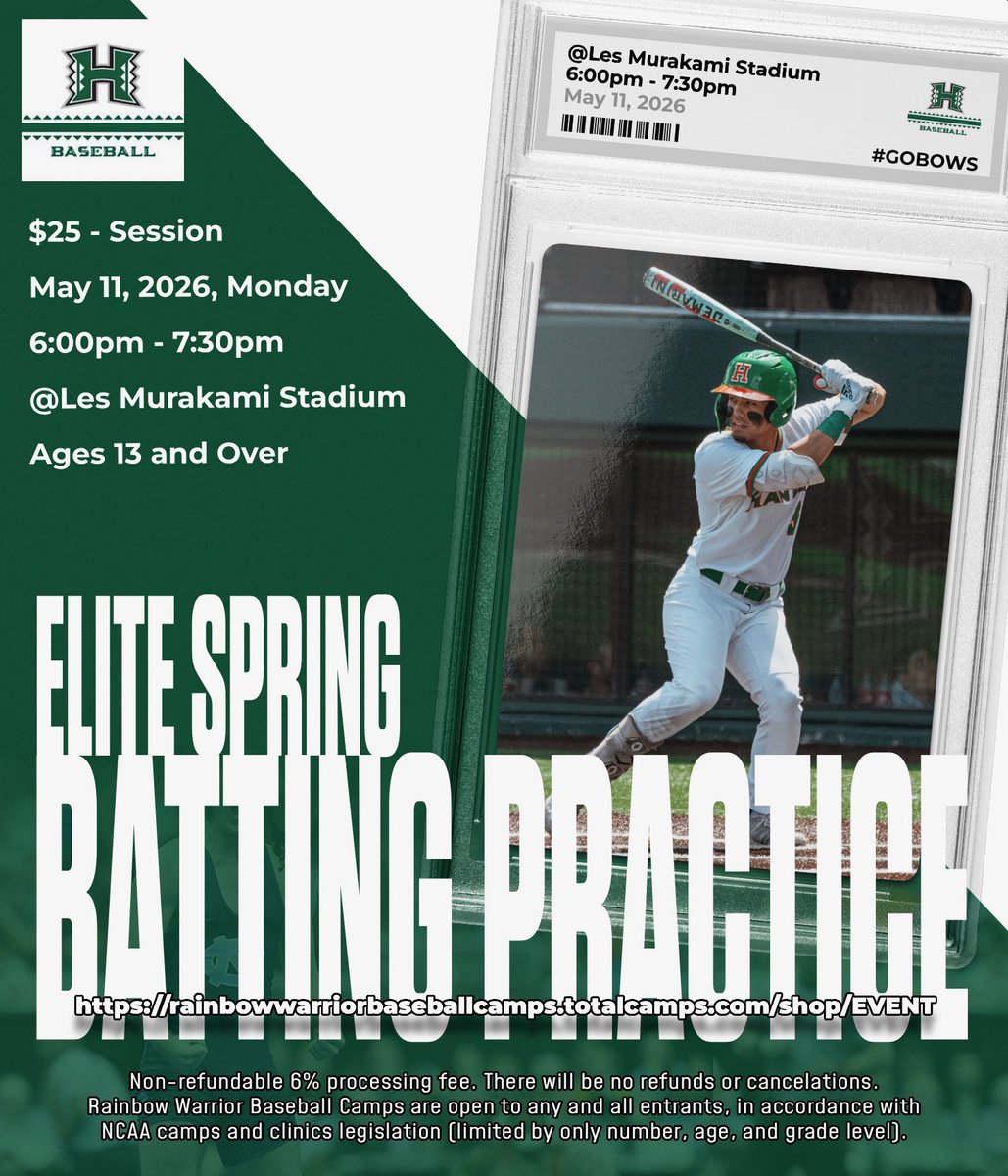 HawaiiBaseball's tweet photo. Here’s your chance to take BP under the lights at The Les ‼️

Sign up for our Elite Spring Batting Practice session now! 

➡️ https://t.co/MaH7yyHkI5

#GoBows https://t.co/RDgTXR0hCF