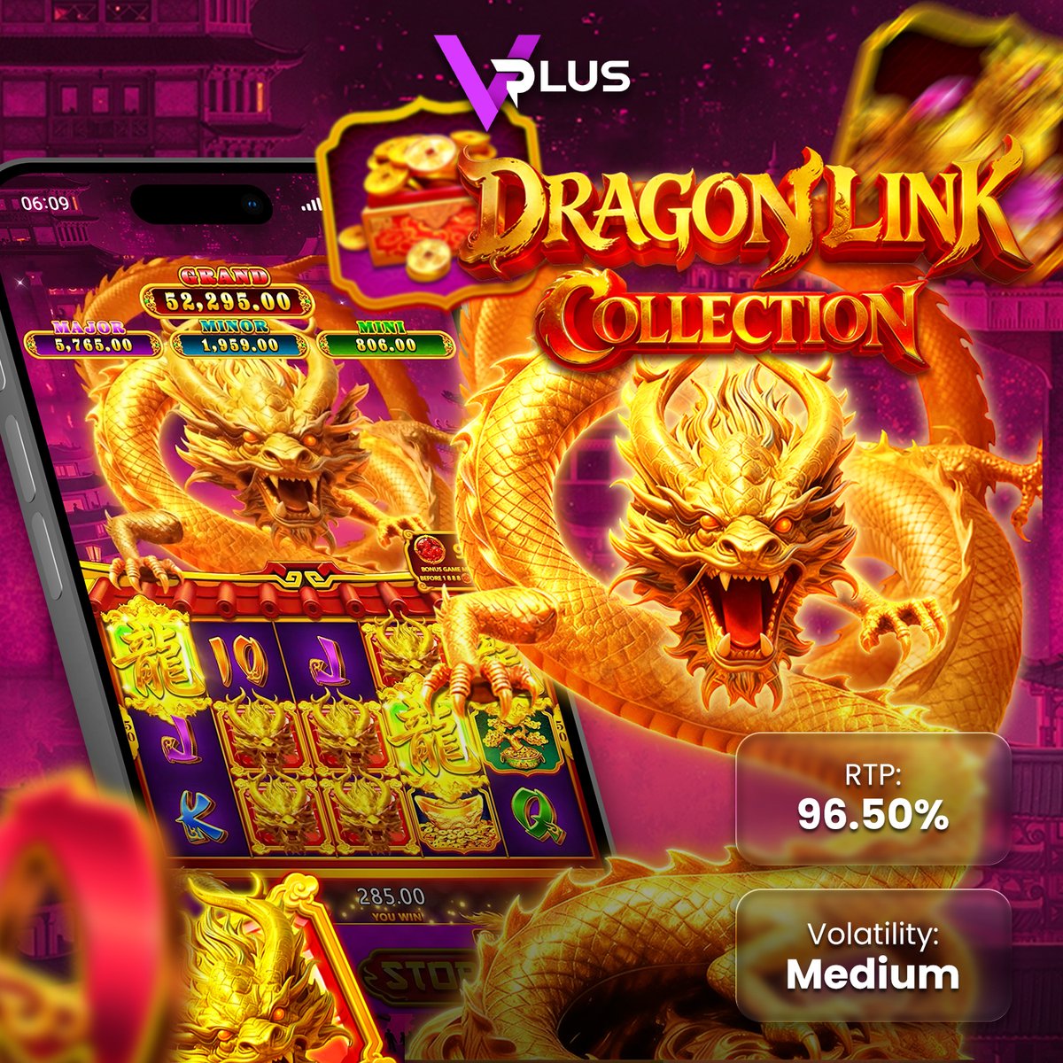 VPlusofficialhq's tweet image. 🐉 Dragon Link Collection

📊 RTP: 96.5% | Medium Volatility

🧧 Hold &amp;amp; Spin: 6–14 Red Dragon Icons
💙 Free Games: 3–5 Blue Dragon triggers
🐉 Guaranteed feature at 1888 red dragons

#VPLUS #iGaming #SlotGame