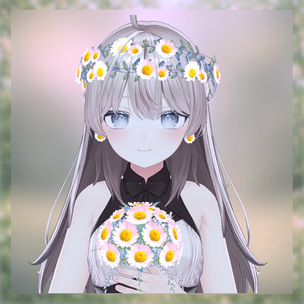 Temari_vr's tweet photo. 季節の花・ノースポールをテーマに、 花冠と花束をまとった「しなの」ちゃんをVRChatでカメラ撮影🌟
花冠と花束のセットは BOOTH にて公開中です。

ショップURL：https://t.co/gUXIy4uOGh #VRChat #Blender #3dモデル https://t.co/pNagl3MFpf