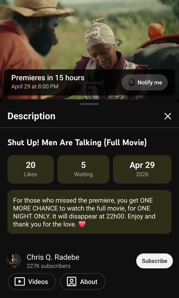 its_MphoN's tweet photo. [ICYMI] Here's another opportunity to see the full film. @Chrisq_writes has made it available again for ONE NIGHT ONLY. Tonight, Wednesday at 8pm on youtube. Don't miss out 👌🏾 #ShutupMenaretalking #SAfilm https://t.co/M8pm8iN9aj
