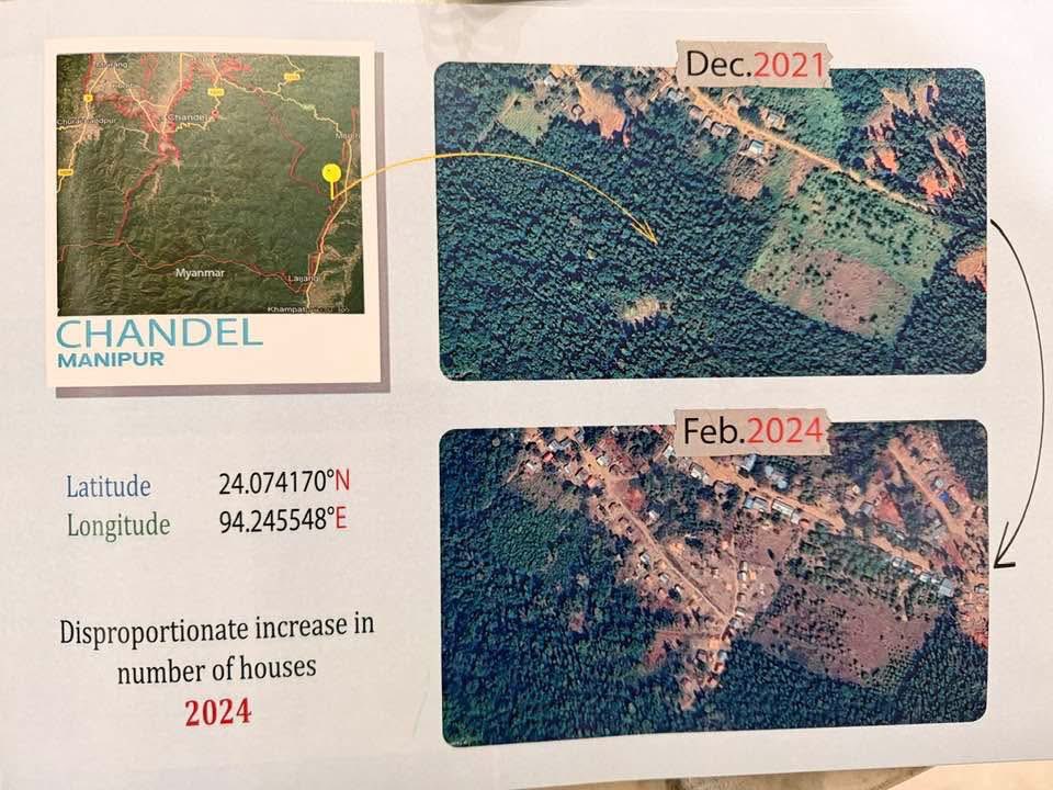 NBirenSingh's tweet photo. These satellite images, taken during the conflict, highlight a concerning development. There has been a continued influx of people and the establishment of new villages in Chandel along the Myanmar border.

This is a real satellite map, not something artificial. The scale and timing of these developments call for attention and careful understanding.

As indigenous people, we must come together in unity and take collective steps to address this issue. This is a sincere appeal for awareness and cooperation to tackle this threat.