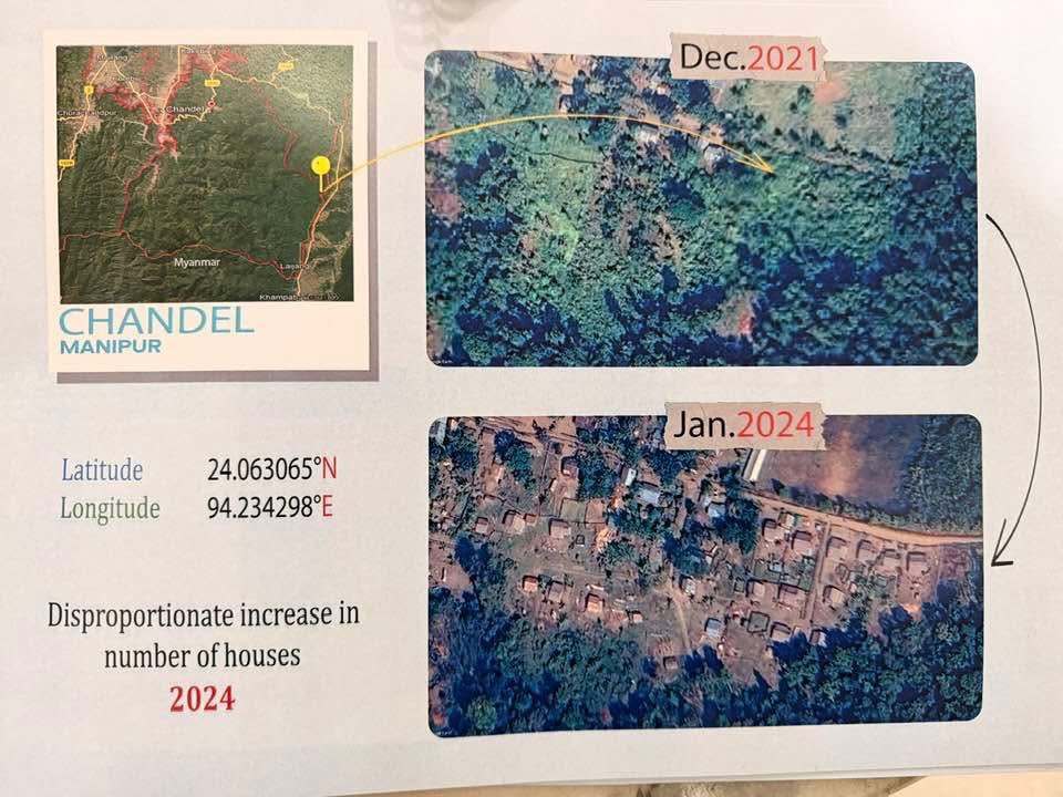 These satellite images, taken during the conflict, highlight a concerning development. There has been a continued influx of people and the establishment of new villages in Chandel along the Myanmar border.

This is a real satellite map, not something artificial. The scale and