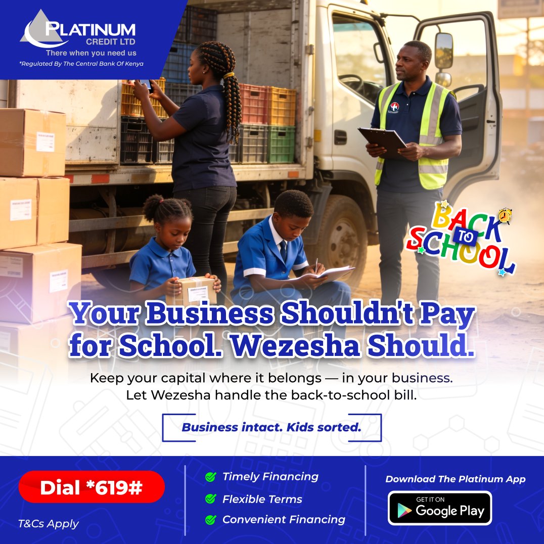 PlatinumCKenya's tweet image. Your business shouldn't have to pay for school, Wezesha should! Call us on 0709 900 000 / 0730 900 000 or dial *619# to access our School Fees Loan within 24 hours.  

#PlatinumCares #WezeshaNaPlatinum #BackToSchool #schoolfeesloans